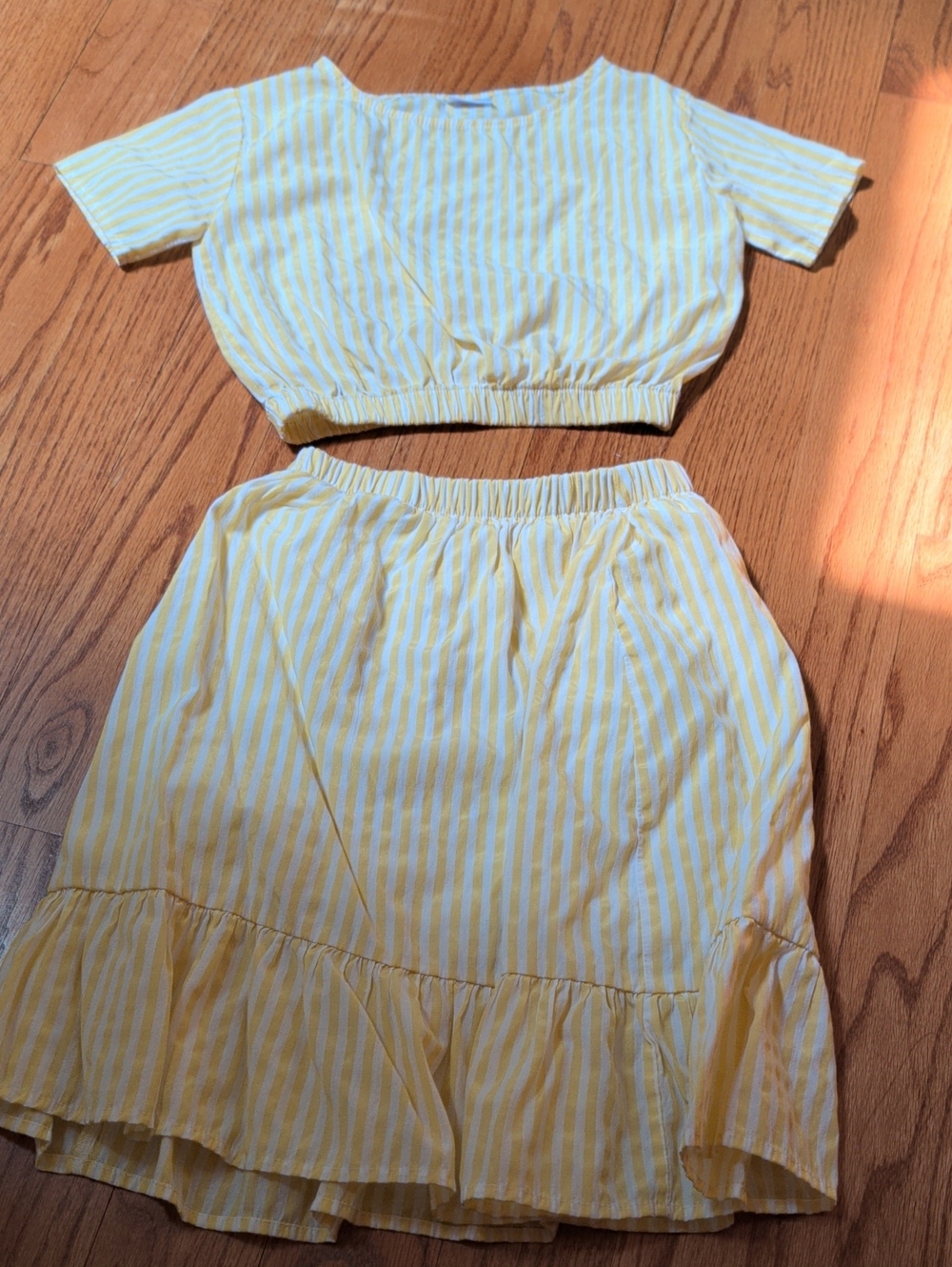 Little Miss Yellow and White Stripe Crop Top & Ruffled Skirt Set